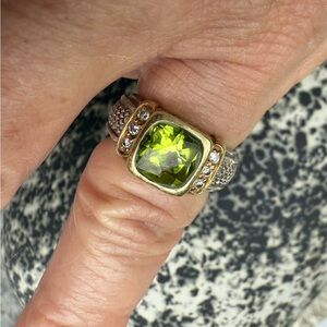 Judith Ripka Green Peridot/Diamond SS/18k Artisan Ring